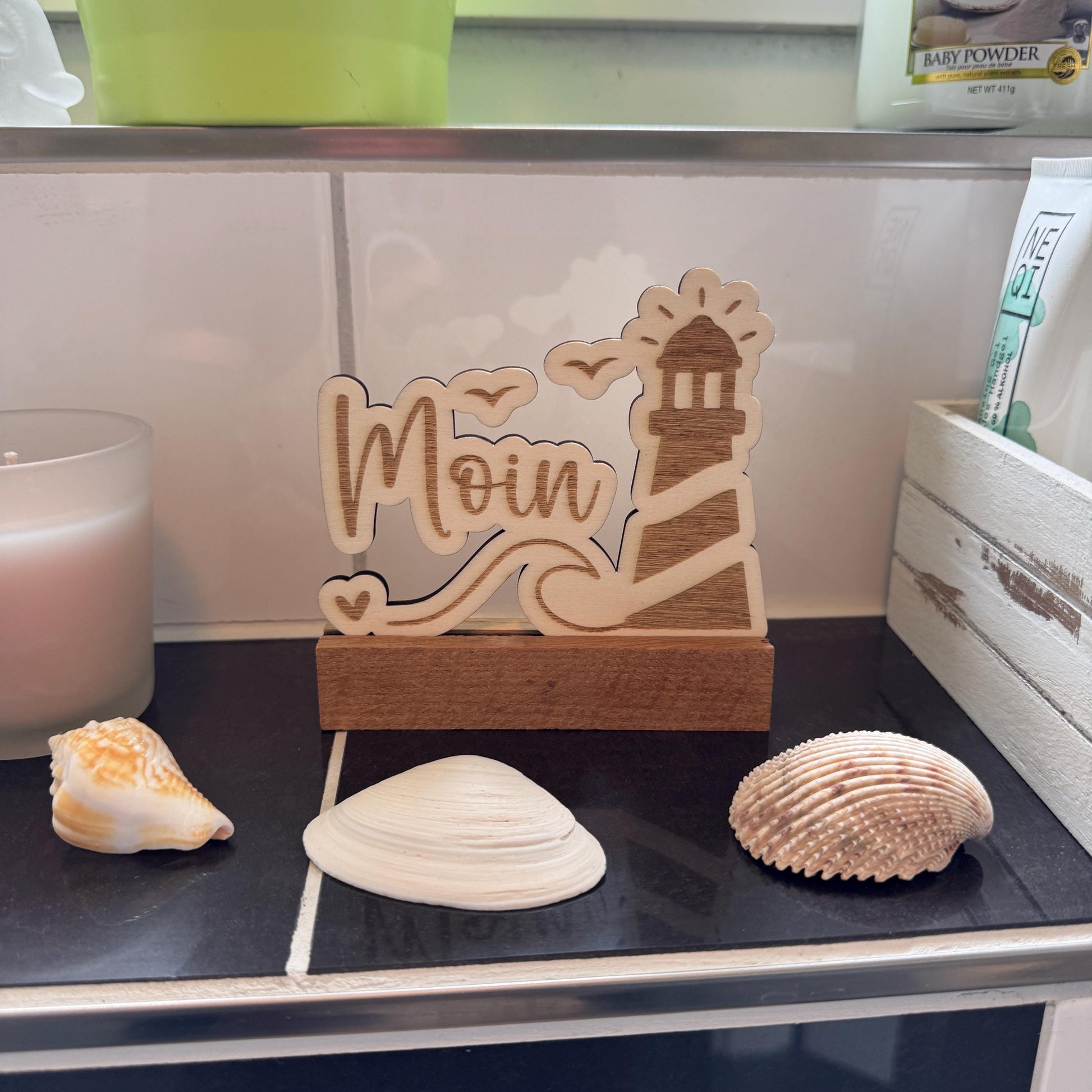 Nordischer Holzaufsteller "Moin" | Maritime Deko aus Holz | Handgemachte Deko für Wohnzimmer, Küche & Bad | Tolle Geschenkidee