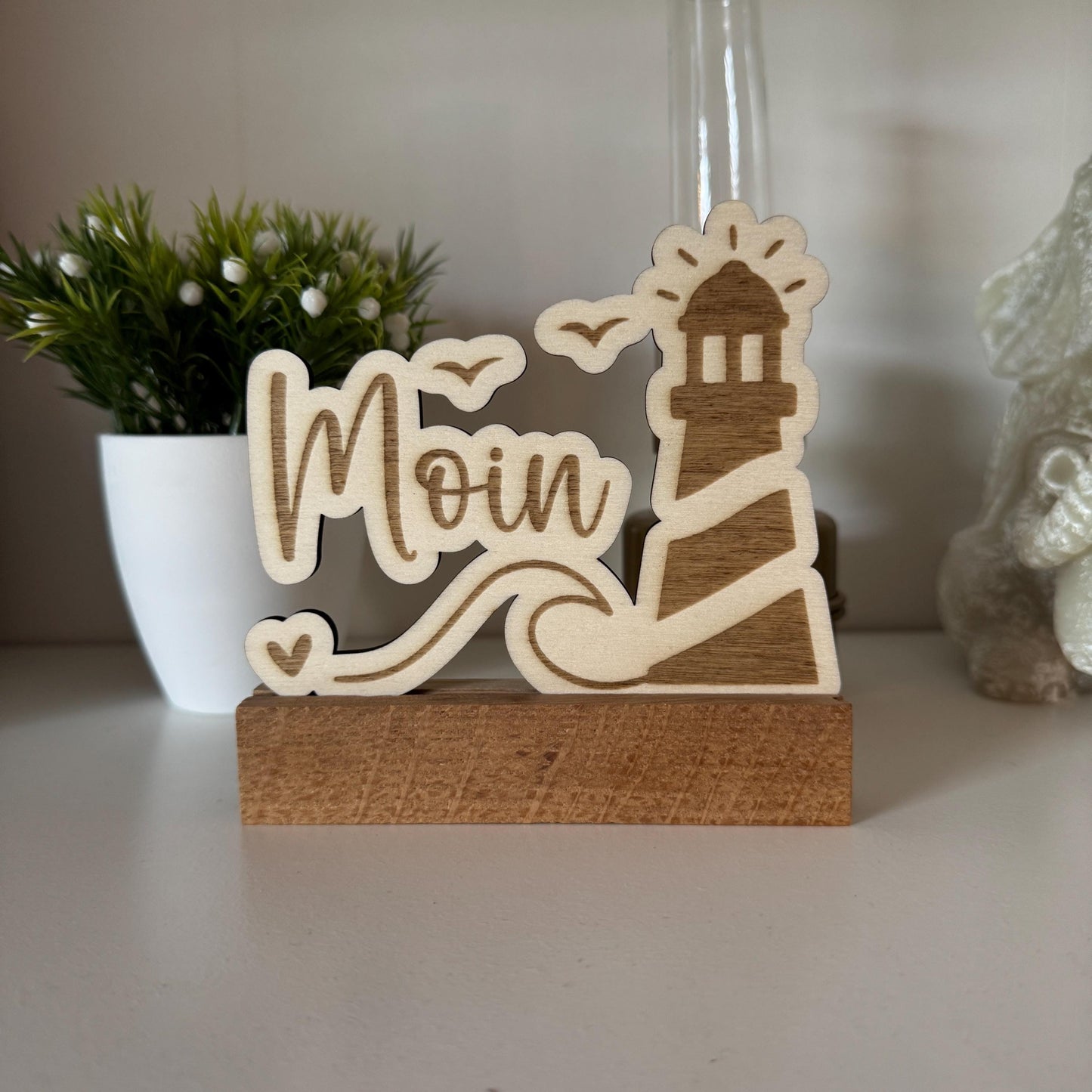 Nordischer Holzaufsteller "Moin" | Maritime Deko aus Holz | Handgemachte Deko für Wohnzimmer, Küche & Bad | Tolle Geschenkidee